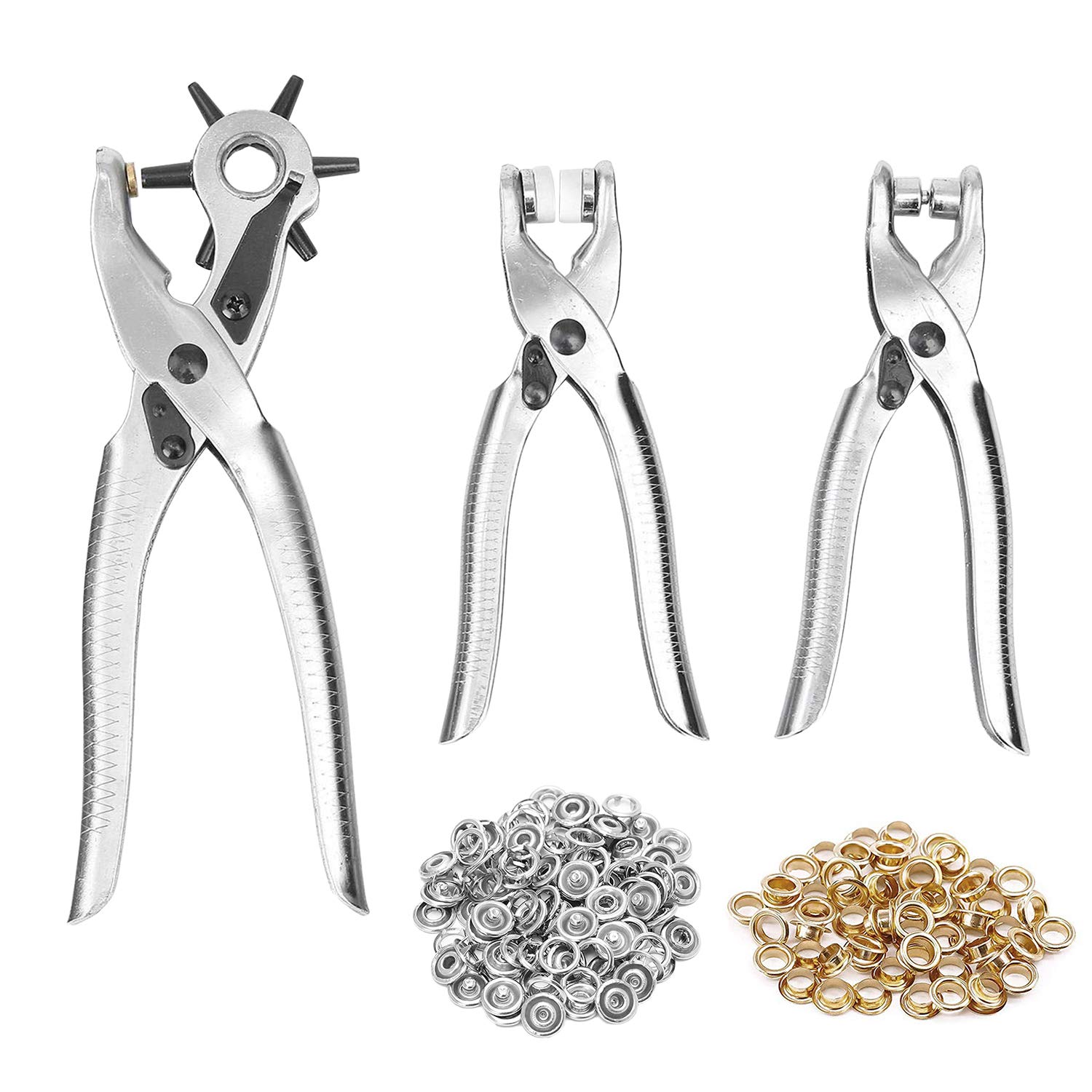 3-in-1 Revolving Hole Punching Pliers, Grommet Setting Tool Kit, Leather Hole Punch, Eyelet Plier, Open Ring Press Studs Plier, Set of 3 Steel Punch Tools Kit for Fabric, Leather, Paper