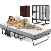 Decofy Folding Bed with Memory Foam Mattress Portable Rollaway Guest Beds on Wheels, 75"x31" Twin Size Space-Saving Cot-Size Bed for Adults with Easy Assembly Metal Frame (White)