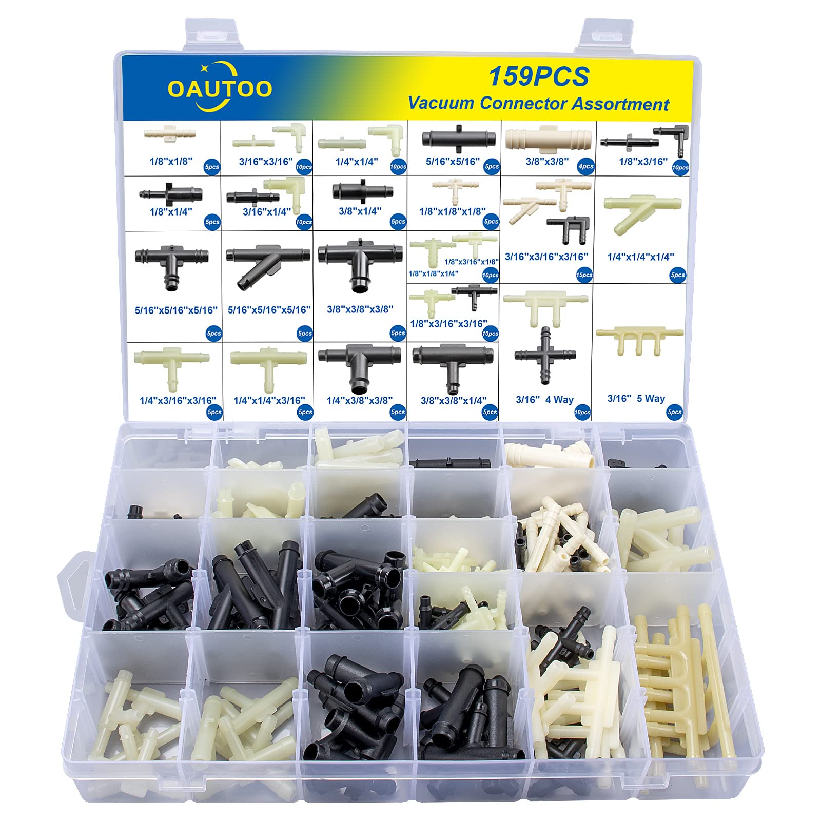 Photo 1 of OAUTOO 32 Size Automotive Vacuum Tubing Connector Vacuum Tee Connector Assortment Kit 1/8" 3/16" 1/4" 5/16" 3/8"