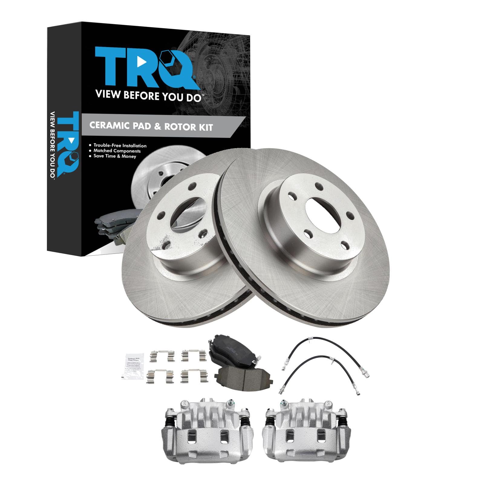 TRQ Front Brake Pad and Rotor Set Ceramic Calipers Compatible with 2005-2006 Saab 9-2X 2002-2010 Subaru Impreza Image