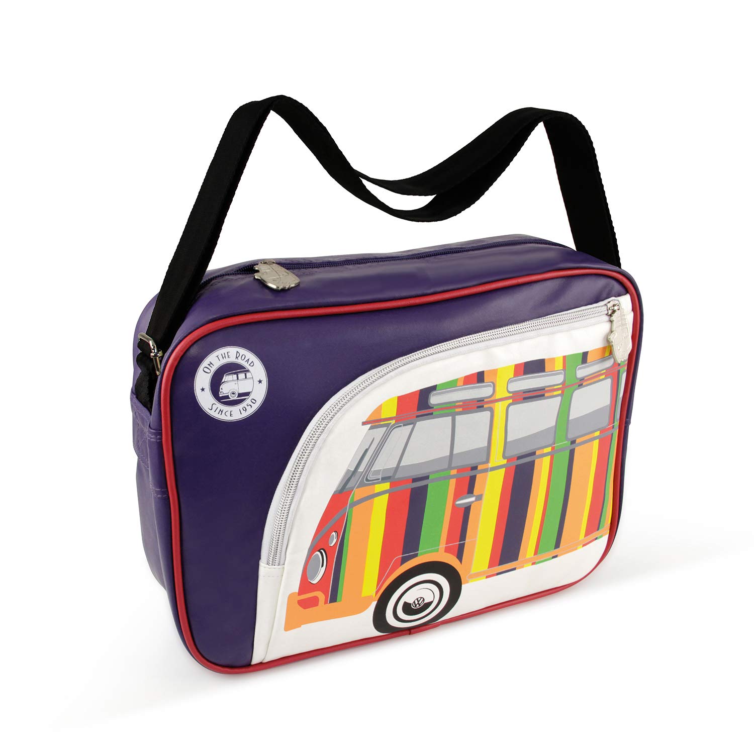 BRISA VW Collection - Volkswagen Shoulder Travel Messenger Bag with VW T1 Bus Campervan Motif (Stripes/Purple)