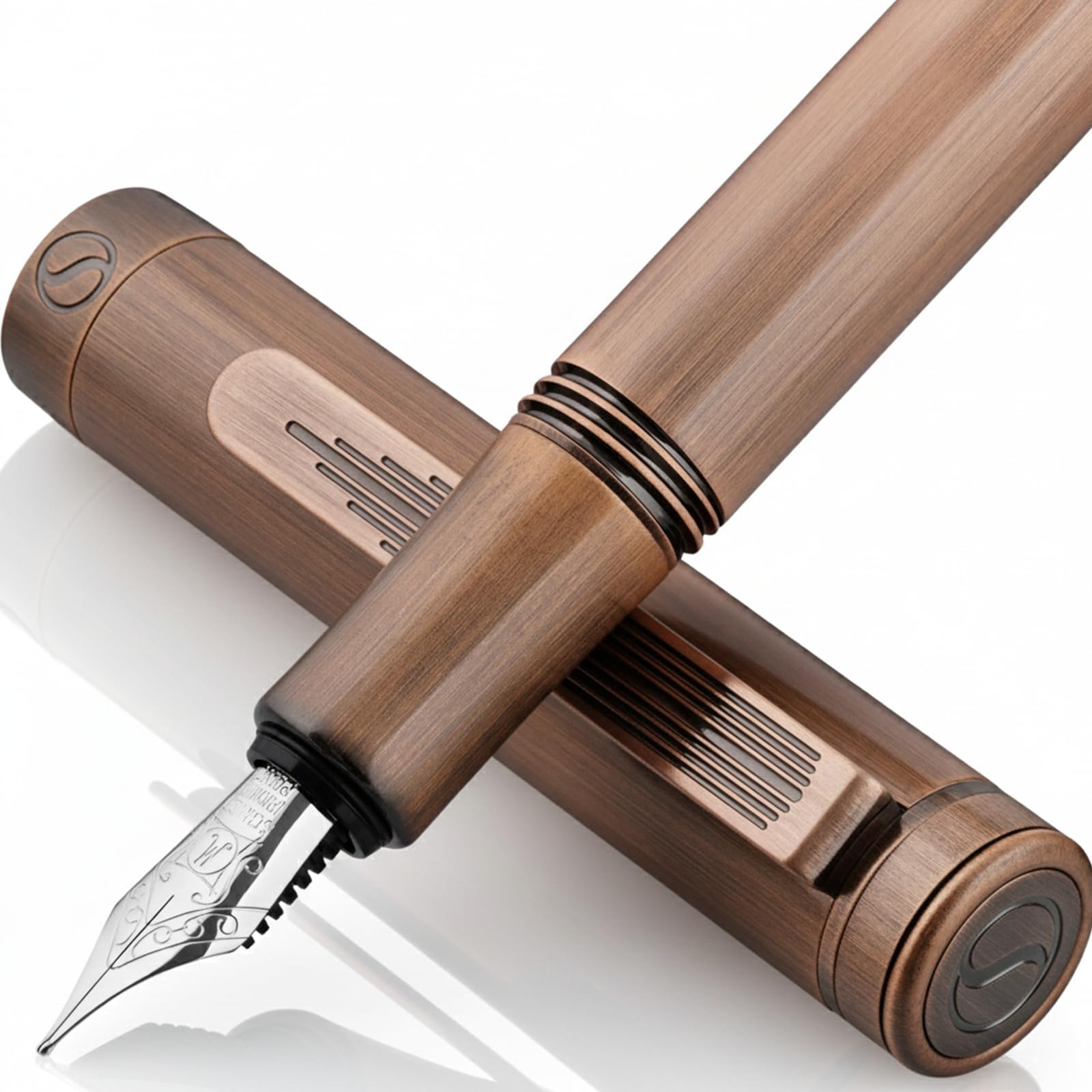 Scriveiner Luxury EDC Fountain Pen (Medium), Stunning Heavy Brass Pocket Pen, Hand Brushed Copper Finish, Schmidt German Nib Converter, Best Writing Pen Gift Set for Men Women, Nice Fancy Designer Pen