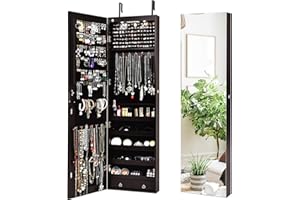 NAFORT 2 LEDs Mirror Jewelry Cabinet, 47.5-Inch Tall Wall or Door Mounted Jewelry Organizers and Storage with Frameless Full-length Mirror, Lockable Jewelry Armoire with 2 Drawers, Espresso
