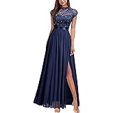 Miusol Women's Elegant Sequin Lace Contrast Chiffon Split Style Evening Party Maxi Dress