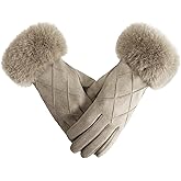 Ymomode Women's Winter Suede Gloves with Fur Cuffs, Soft, Warm, Touchscreen, Fleece Lined