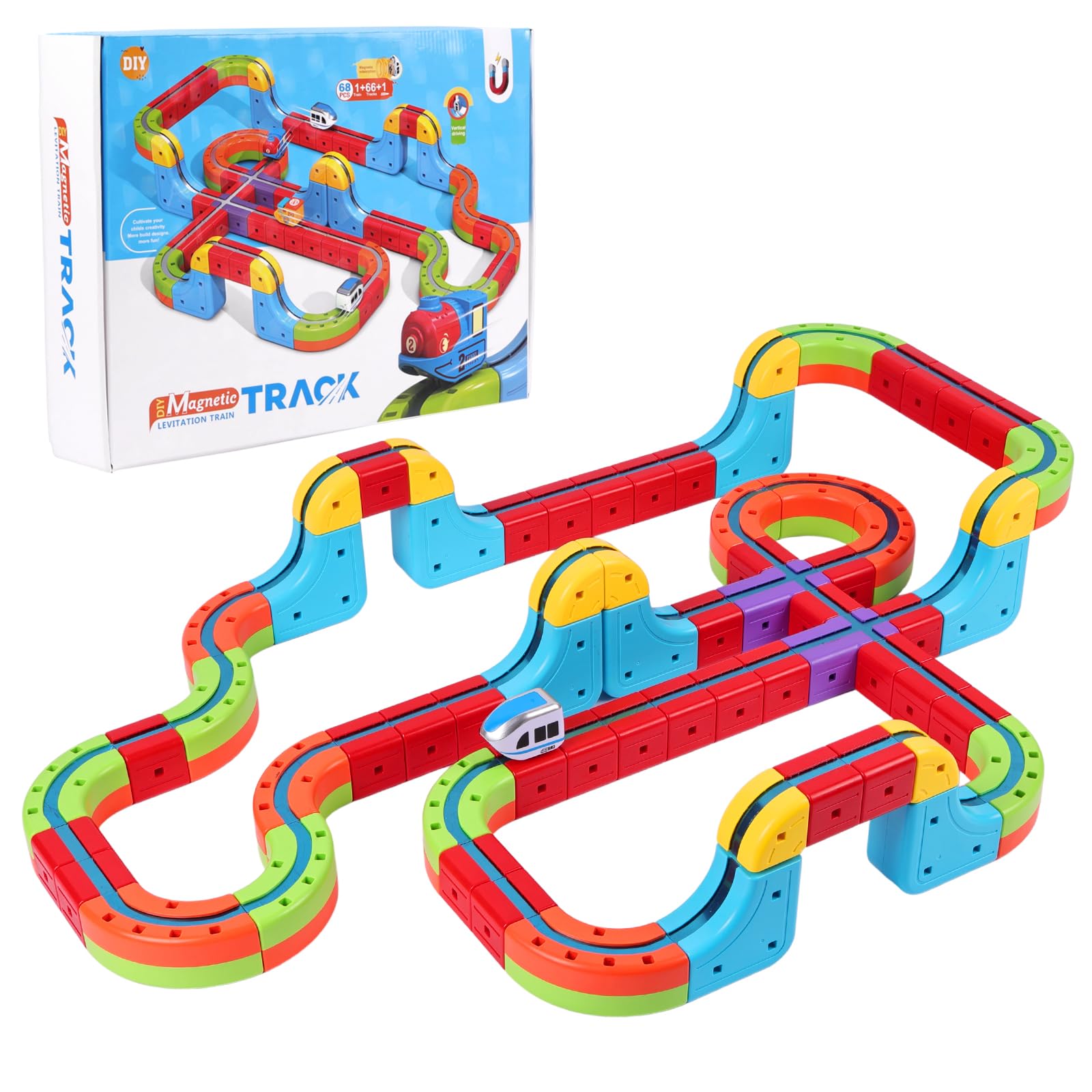 AOOSA 68pcs Electric Train Set, Magnetic Rail Train Set, with Gravity-Defying Motorized Train, 3D Embedded Layouts Train Track Set, Birthday Gifts for Boys & Girls Age 3+