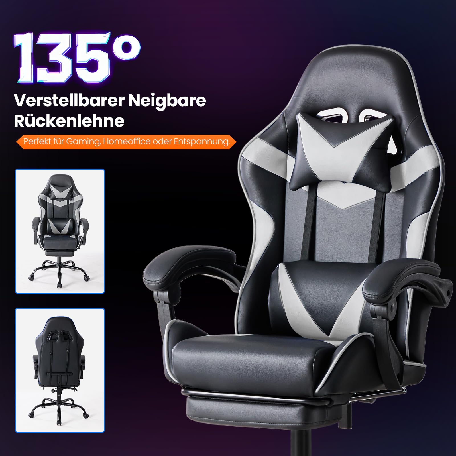 Sweetcrispy Gaming Stuhl, Gaming Chair mit Fußstütze Kopfstütze Lendenwirbelstütze, Ergonomischer PC Stuhl, Höhenverstellbarer Bürostuhl Computerstuhl, Drehbarer Schreibtischstuhl, Modernes Weiß 2
