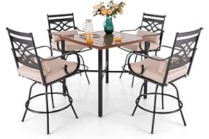 Sophia & William Outdoor Patio Bar Set 5 Piece High Dining Table and Chairs Furniture Set-4 Swivel Bar Stools with Beige Cushion and 1 Square Bar Height Table with Hand-Painted Metal Top
