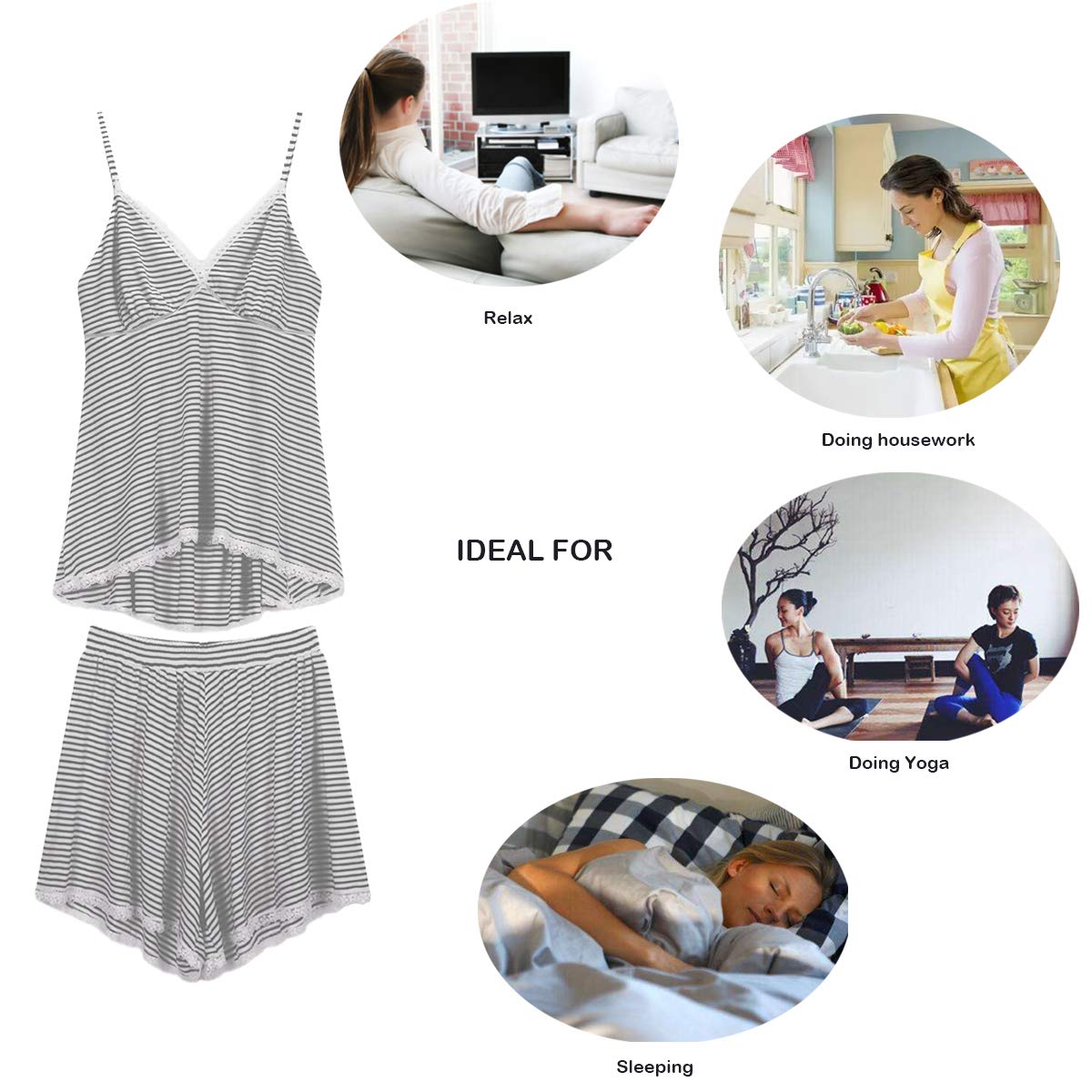 Espoir Women\'s Pajama Set Deep V Neck Lace Trim Cami Tops and Shorts Sleepwear Grey and White Stripe M