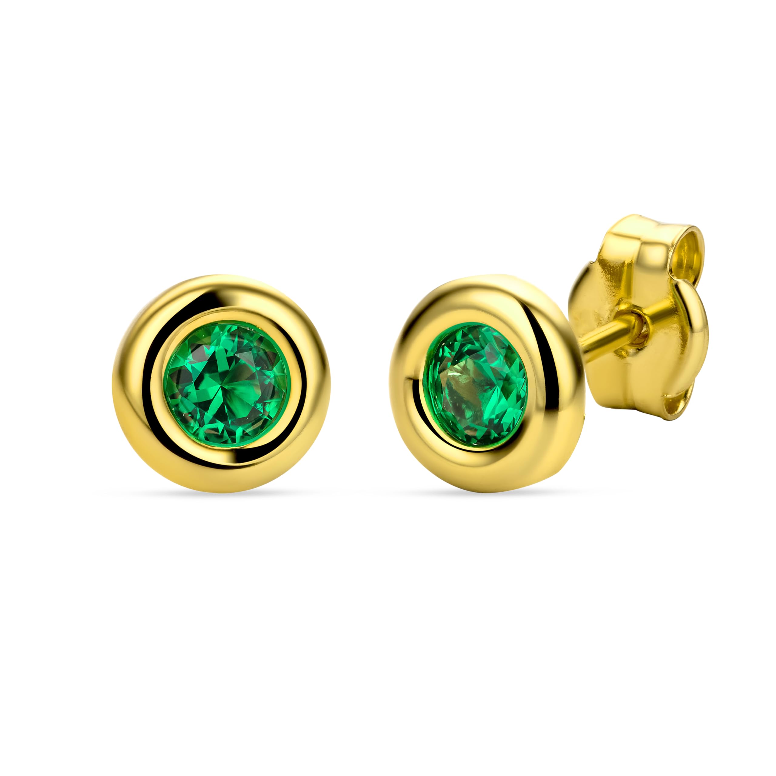 Orovi Round Yellow Gold Earrings for Women with Emeralds in 9 Carat Gold, Hypoallergenic Earrings - Handmade studs with jewellery box — image 1