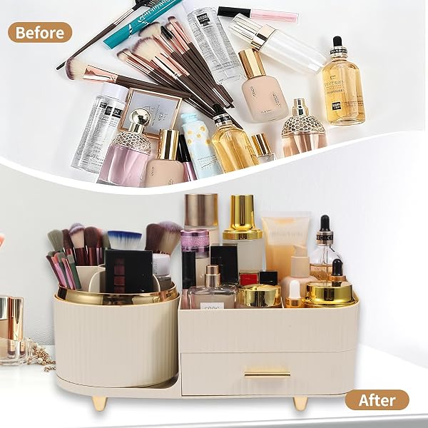 ZUFUDO MAKEUP ORGANIZER COUNTERTOP WITH DRAWER 360 ROTATING BRUSH HOLDER STORAGE LARGE CAPACITY SKINCARE COSMETIC DISPLAY CASES FOR VANITY BATHROOM DESKTOP, MODEL 3016 CREAM