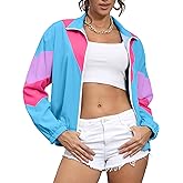 UOUA 80s Windbreaker Jacket for Women Retro Color Block Wind Breaker Long Sleeve Reversible Casual Coat