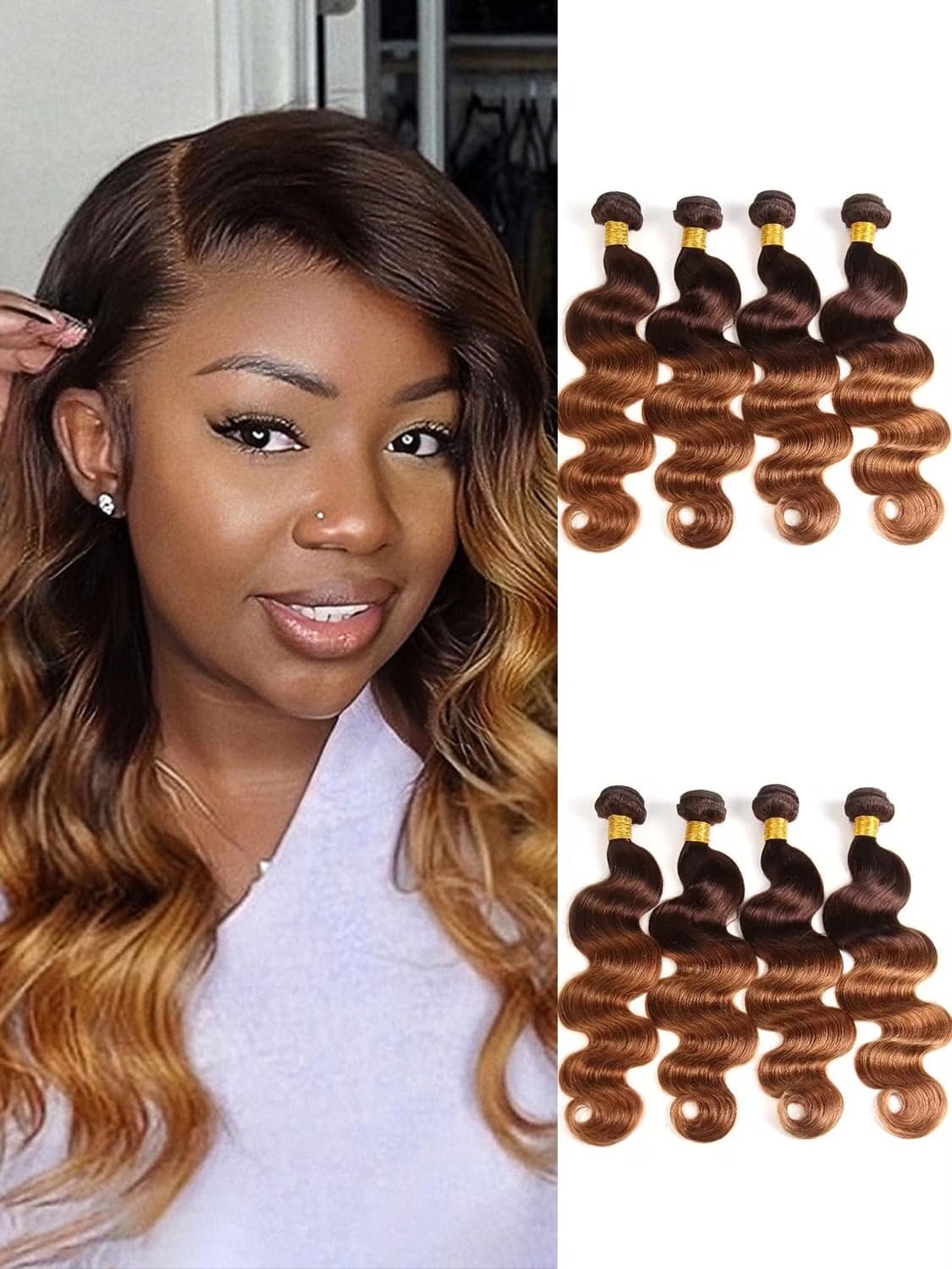 Ombre Brazilian Body Wave Hair 4 Bundles 16 18 20 22 Inch Brazilian Remy Virgin Human Hair Weave Bundles 12A 100% Unprocessed Body Wave Human Hair Extensions T4/30 Medium Brown/Medium Auburn — image 1