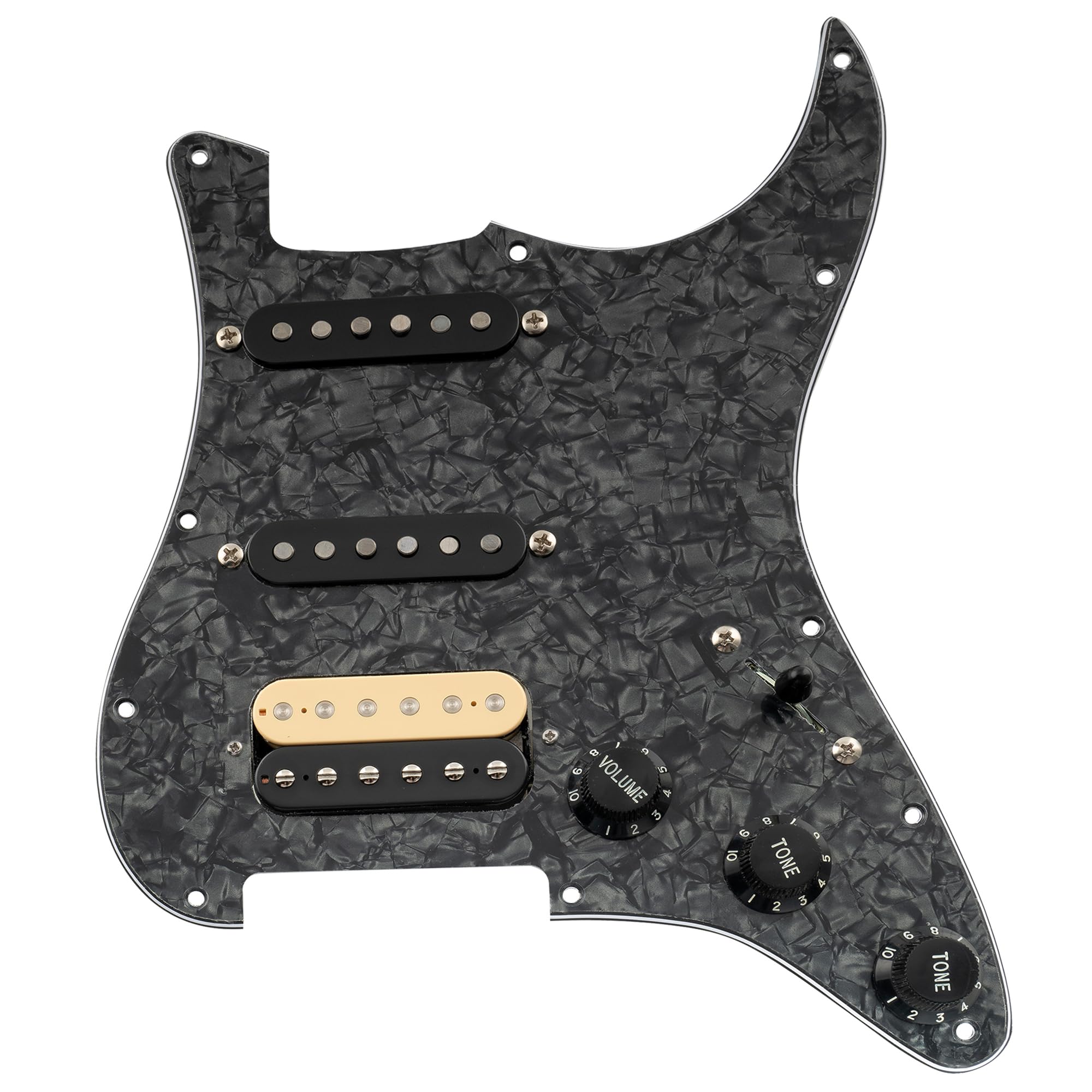 Musiclily Pro Auto-Split Pre-wired Standard HSS Pickguard with Artec Pickups Alnico 5 Magnet for ST Style Electric Guitar, 4ply Black Pearl