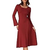 Allegra K Women's Square Neck Sweater Dress Fall Lace Up Bell Long Sleeve Casual A-Line Midi Dresses