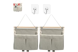 Someteth 2Pcs Wall Hanging Storage Caddy Bag,Over Door Hanging Storage Bags Wall Mount Hangable Organizer，File Magazine Waterproof Linen Cotton Fabric Living Room Bedroom Bathroom (Grey)…