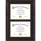 Yaetm Vertical Double Diploma Frame 14x20 for Two 8.5x11 Certificates, Degrees, Documents, Tempered Glass with Black Over Gold Acid-free Mats, Dual Diploma Frames, Brown/Black