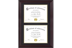 Yaetm Vertical Double Diploma Frame 14x20 for Two 8.5x11 Certificates, Degrees, Documents, Tempered Glass with Black Over Gold Acid-free Mats, Dual Diploma Frames, Brown/Black