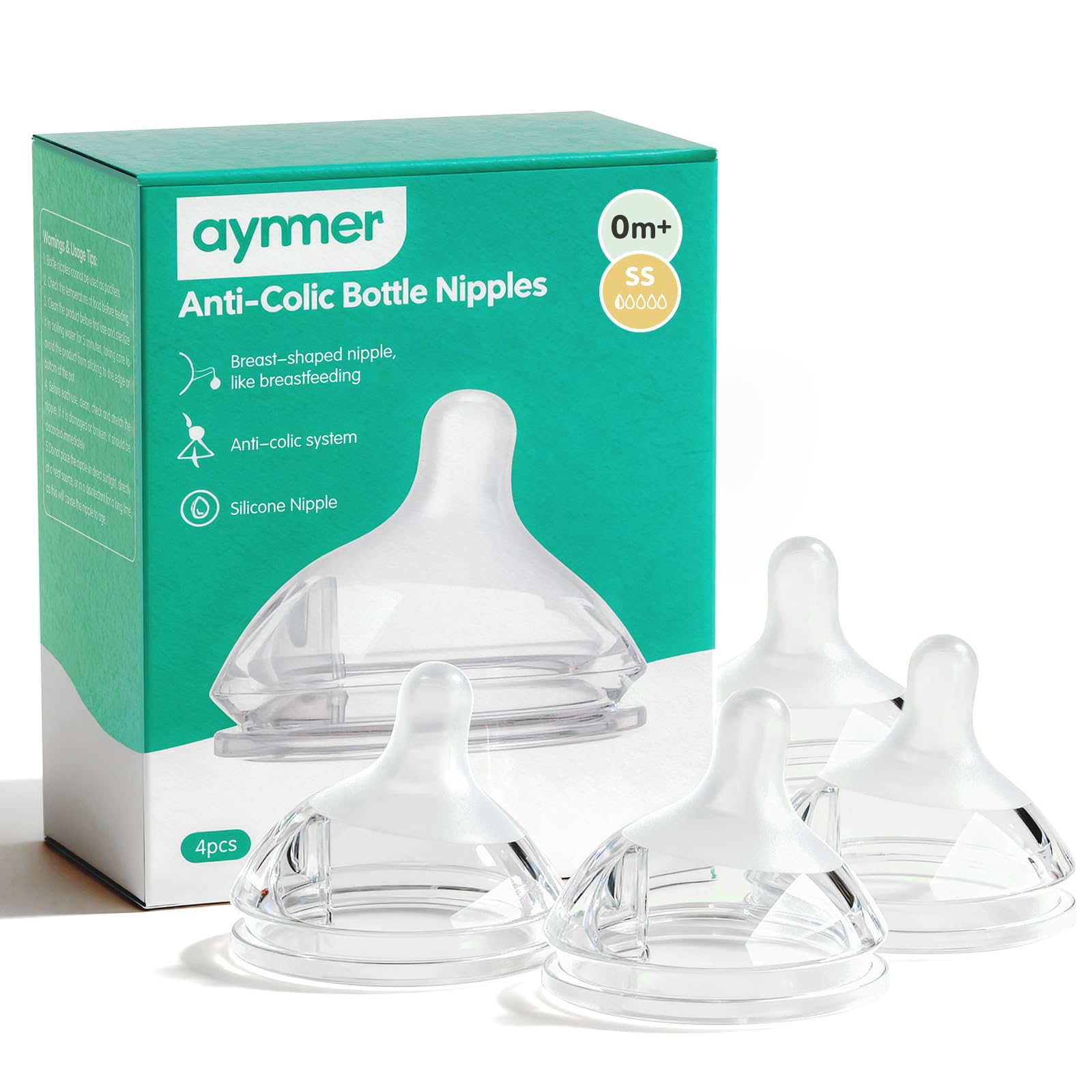 Photo 1 of Aynmer Natural Flow Silicone Baby Bottle Nipple for Wide Neck Bottles Level 0, Extra Slow Flow (SS) Nipple, 0+ Months, 4 Counts (Pack of 1) BPA-Free