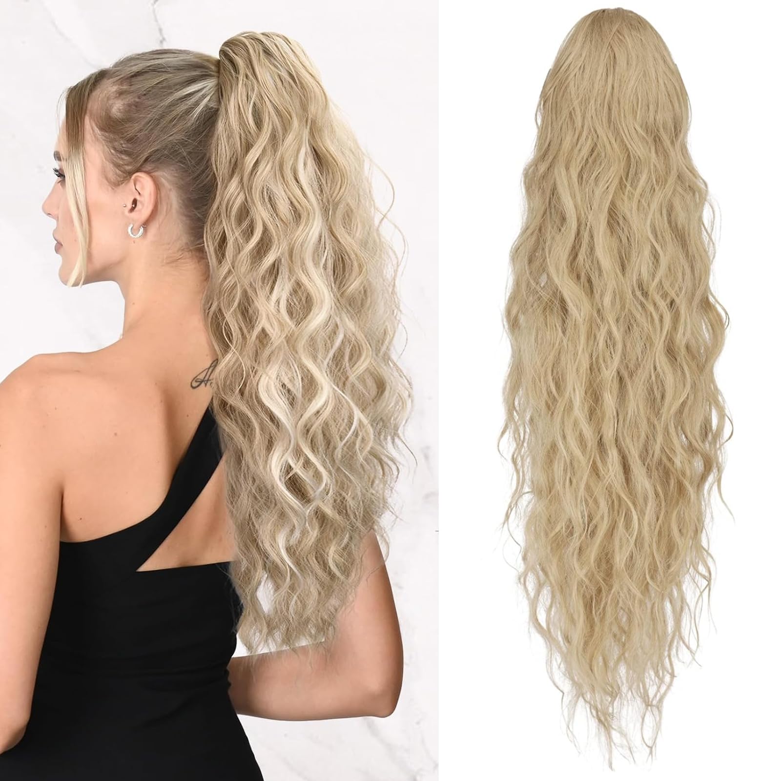 Jupmov 26 Inch Blonde Ponytail Extension, Long Wavy Hair Extensions, Synthetic Hair Piece for Women, Soft Natural Pony Tail, Drawstring for Daily Use