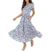 Womens 2026 Summer V Neck Boho Maxi Dress Casual Flowy Aline Bell Sleeve Tiered Floral Dresses with Pocket