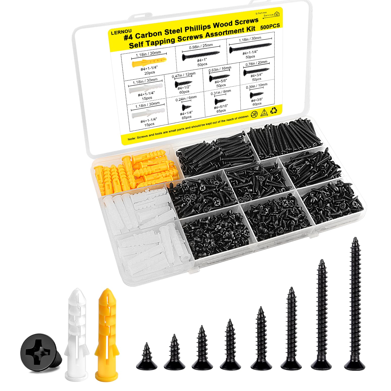Photo 1 of #4 Wood Screws Assortment Kit, Small Screws Set 500pcs, Short Cabinet Screw, Phillips Flat Head Self-Tapping Screw, Black Screws, Carbon Steel, Contains 50pcs M6 Screw Anchors