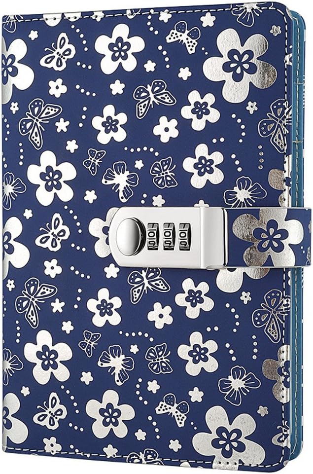 Lirener Refillable PU Leather Password Notebook Journals Secret Diary Hardcover Notebooks with Coded Lock, Flower Pattern Lined Personal Sketchbook with Combination Lock, Pen Holder, A5 210x145mm