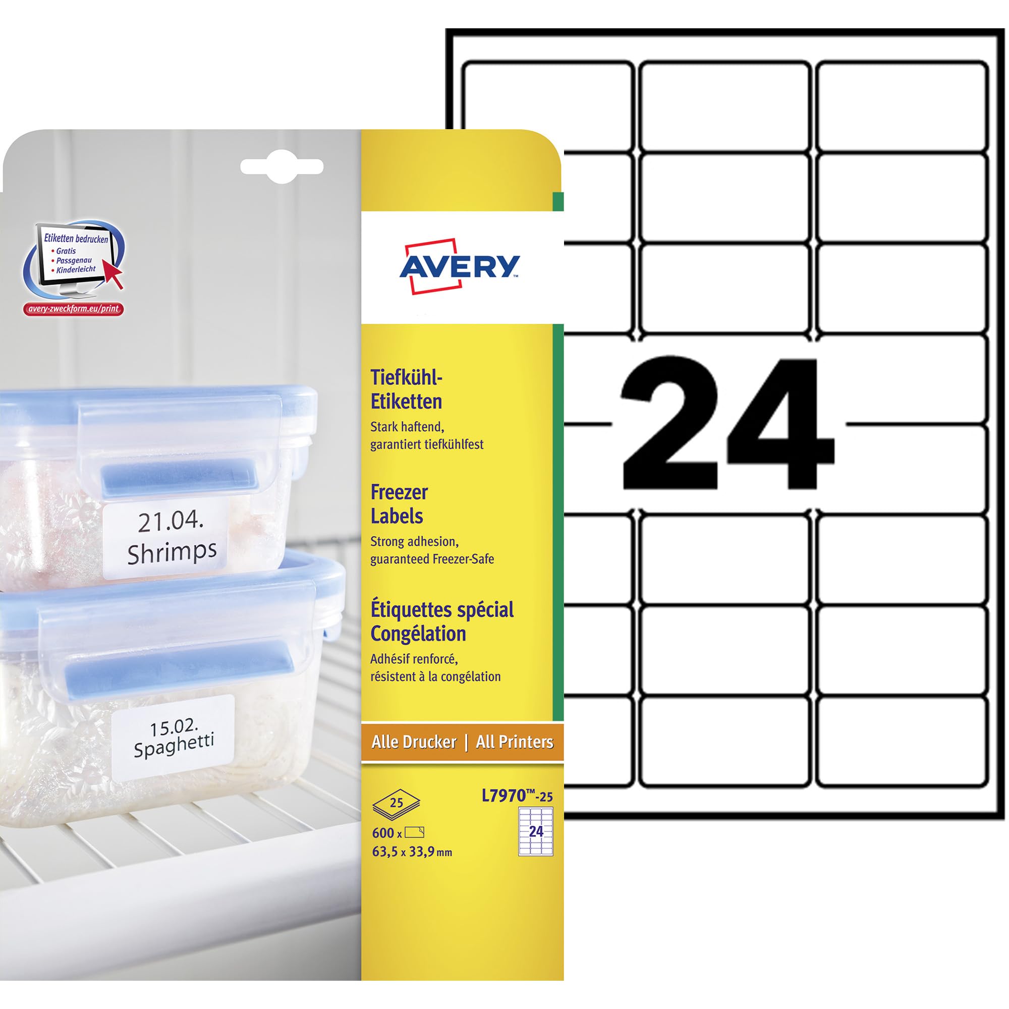 Avery Zweckform L7970-25 Deep Freezer Labels / 63.5 x 33.9 mm / 25 Sheets / 600 Labels White