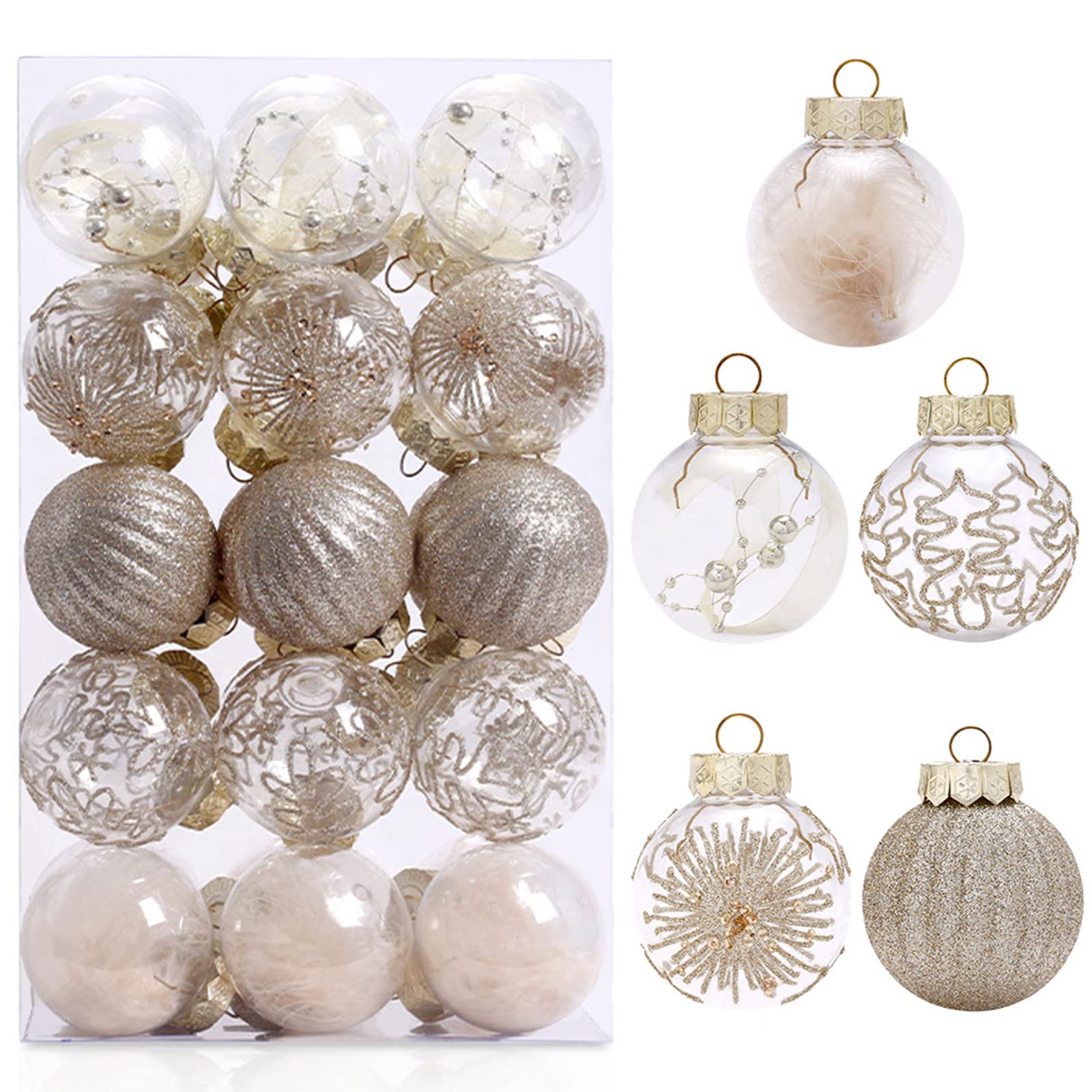 Fouriding 30Pcs Christmas Balls Ornaments 2.36"/6cm,Shatterproof Clear Christmas Balls Ornaments Hanging Decorations for Xmas Tree,Holiday, Wedding, Party Decoration (Champagne)