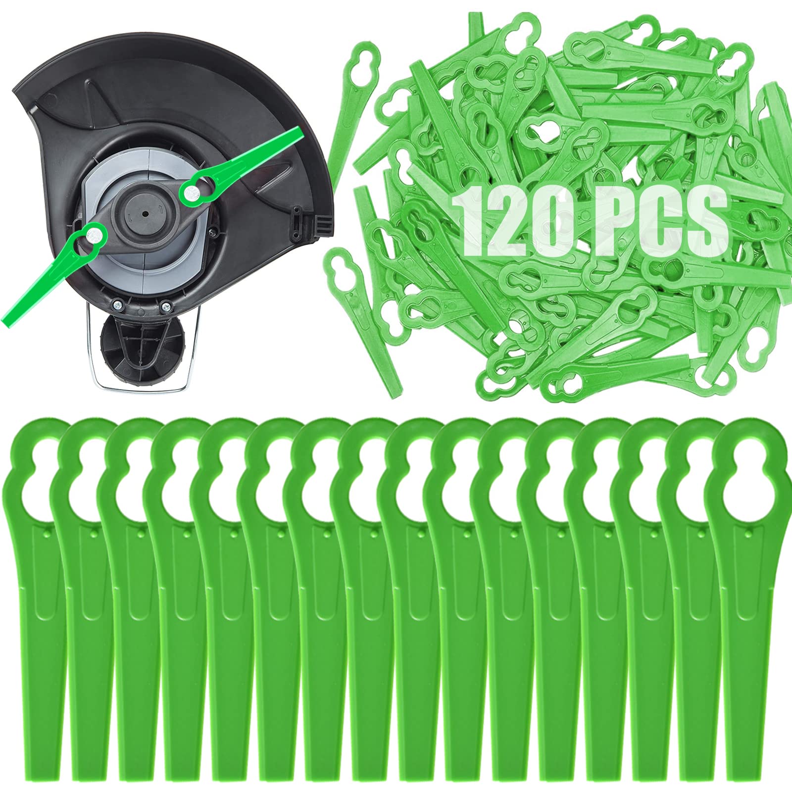 Beamely 120 Pcs Grass Trimmer Replacement Blades, 83 mm Plastic Garden Mower Blades Cordless Lawn Mower Cutting Blades Lawn Strimmer Accessories Tool for Swift Ryobi VonHaus Grass Strimmer-Green — image 1