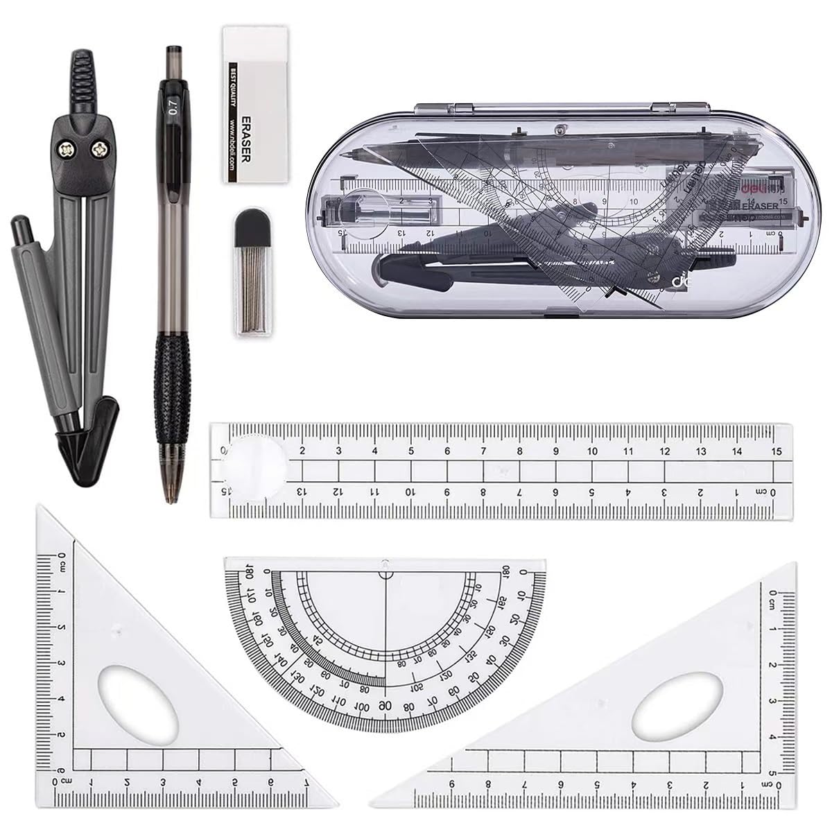 Glosoni 8-Piece Black Geometry Tool Set - Compass, Protractor, Ruler, Pencil, Eraser, Sharpener for School Math & Educational Geometry Drawing