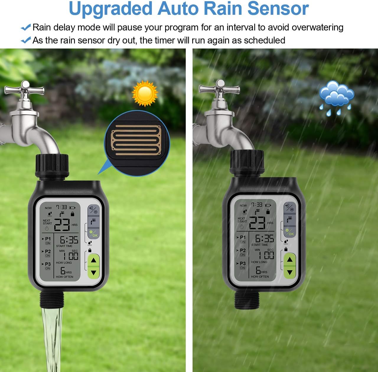 Bearbro Automatic Water Timer,3 Separate Irrigation Digital Programmable,Sprinkler Timer with Rain Sensor/Child Lock/Auto & Manual Watering Mode/IP65 Waterproof,Garden Lawn Hose Faucet Water Timer: Kitchen & Dining