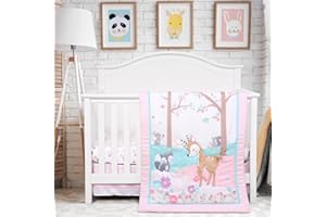 UOMNY Crib Bedding Set for Girls 3 Piece Woodland Baby Girl Crib Bedding Set Include Fitted Crib Sheet Comforter Crib Skirt