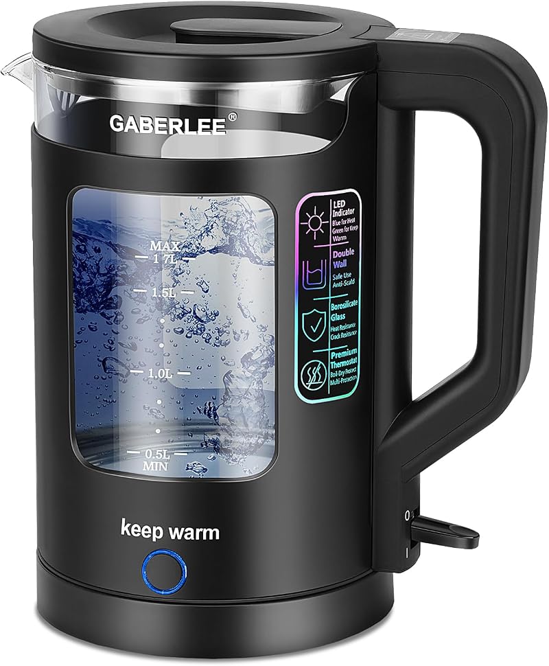 Gaberlee Electric Kettle 1.7L Glass Fast Boil Auto Shut-Off Blue LED