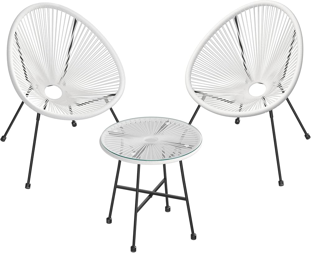 SONGMICS Garden Patio Set 3 Pieces Acapulco Chair Glass Top Table White