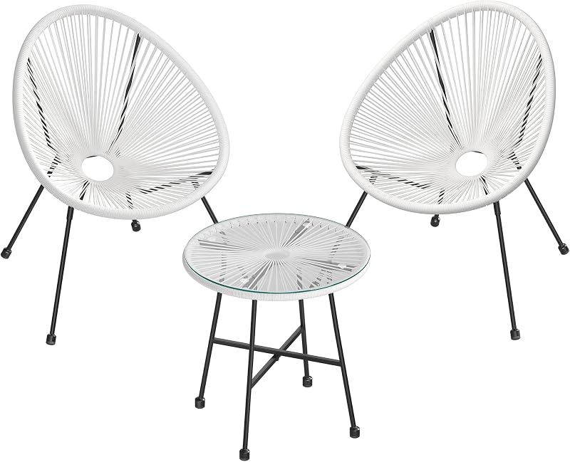 SONGMICS Garden Patio Set 3 Pieces Acapulco Chair Glass Top Table White