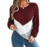 EHSUYAB Women Fashion Cable Knit Sweater, Crochet Crewneck Pullover Striped Color Block Top, Trendy Fall Winter Daily Clothes