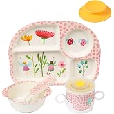 Bamboo Toddler Baby Plates and Bowls Set, 7Pcs Kids Plate Dinnerware Set | Toddler Dinnerware Plate Set,Kids Baby Dishes Feeding Set Include Divided Plate, Bowl,Tumbler, Suction and Utensils,Non-toxic
