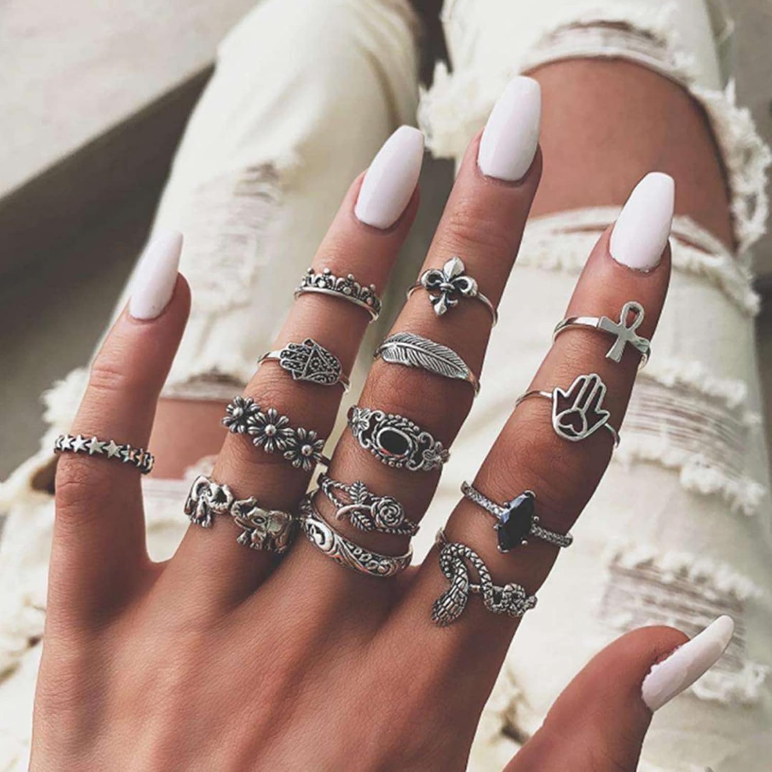 74 Pcs Vintage Stackable Knuckle Rings Set for Women/Girl, Bohemian Silver Plated Simple Stacking Finger Rings Pack (Retro Silver): Clothing