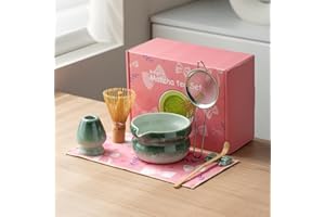 DWEHIXBUY Matcha Kit 7-Pcs matcha whisk set, Measuring Spoon, Japanese Tea Making Tools,Cha, tea bowl, pink matcha set (dark 