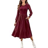 Kranda Women 2025 Fall Spring Long Sleeve Crewneck Causal Flowy Pleated Tiered A-Line Wedding Party Midi Dresses with Pockets