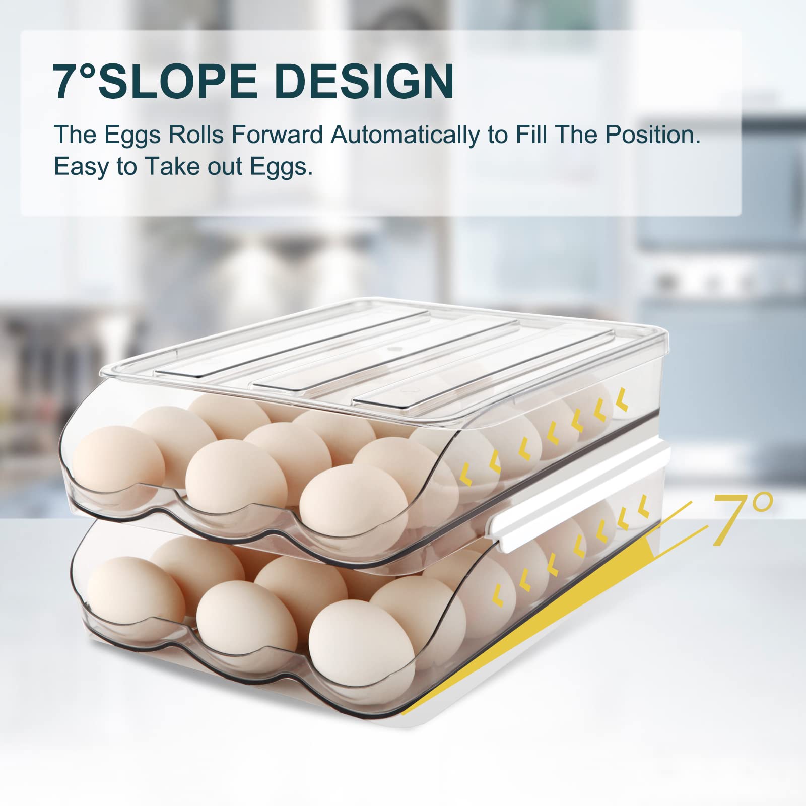 MesRosa Egg Holder for Fridge, Automatically Rolling Egg Storage Container for Refrigerator,Large Capacity Egg Organizer for Fridge with Lid,Clear Plastic Dispenser, Tray & Bin -2 Layer