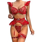 Myilewjt Sexy Strappy Floral Lace Underwire Babydoll Garter Belt Lingerie Set for Women Sheer Bra and Panty with Chain