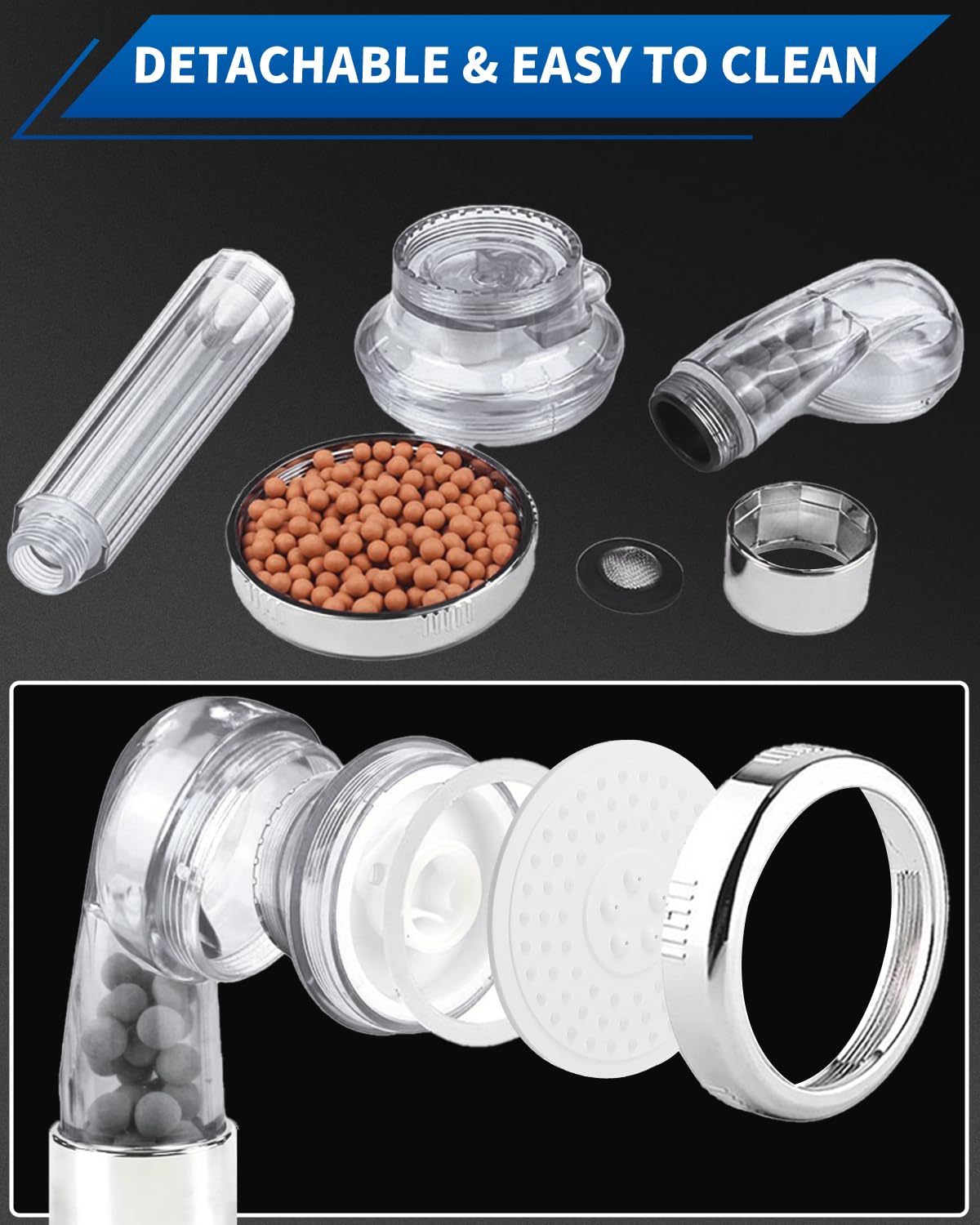 Luxsego Filtered Shower Head for Hard Water, High Pressure 3 Modes Shower Heads with Handheld Spray, Water Softener Showerhead Set with Mineral Beads to Remove Chlorine & Fluoride for Dry Hair & Skin