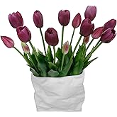 LINSIE 15 Pcs Deep Purple Artificial Flowers Tulips Real Touch Latex Plastic Soft Faux Bouquets for Party, Wedding, Home, Room, Garden Decor