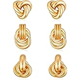 3 Pairs Chunky Gold Plated Knot Earrings Geometric Drop Dangle Earrings Long Twisted Link Earrings Statement Earring Trendy Jewelry for Women