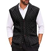 Runcati Mens Cable Knit Sweater Vest Shawl Collar Casual Slim Fit Sleeveless Button Down Cardigan Vest with Pockets