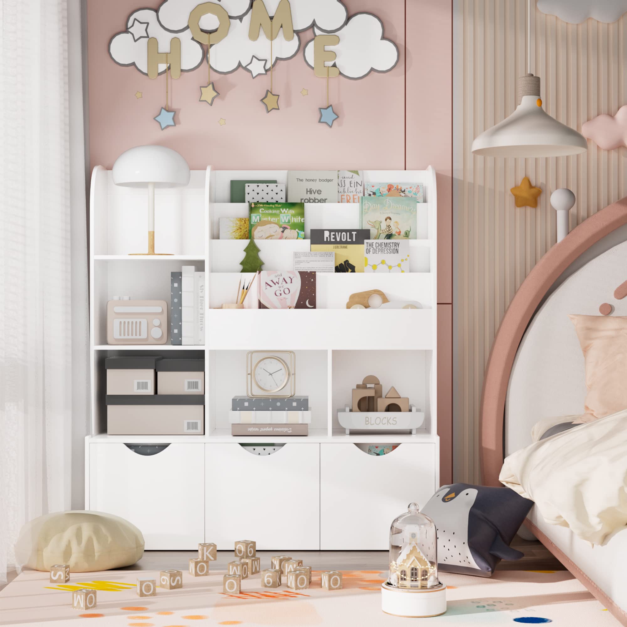 FOTOSOK 47'' Kids Bookcase and Bookshelf, Multifunctional Bookcase with 5 Storage Cubbies and 3 Movable Drawers, Toy Storager Display Stand, Toy Storage Organizer for Bedroom, Playroom, Hallway, White