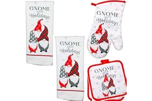 MELOSTU Gnome Decorations - Holiday Decor - Dish Towel Set (5 Pc) Gnome for the Holidays - Kitchen Towels - Oven Mitt - Pot Holders - Kitchen Decor - Printed Gnomes Kitchen Linens - Hand Towels