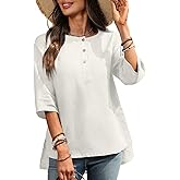vinglam Women's Linen Henley Shirts 100% Linen Elbow Sleeve Crew Neck Slit Hem Tunics Blouse Top